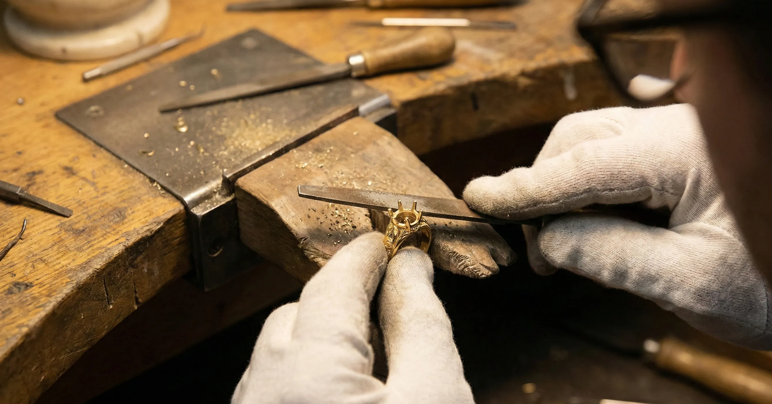 Close up of a jeweler's hands using a file to shape a gold ring setting